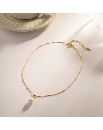 18K Gold Plated Stainless Steel Pearl Necklace | JDN489