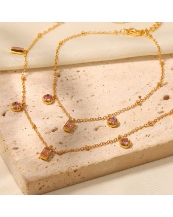 18K Gold Plated Baguette Charm Necklace, Pink Bracelet | JDN434