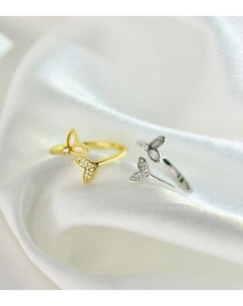 White Gold Whale Tail Split Ring, Mermaid Tail Gold Ring, Cute Fairy Ring | DQ8495