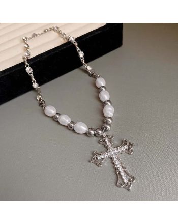 Chunky Cross Necklace Silver Pearl Necklace Punk | HN2479