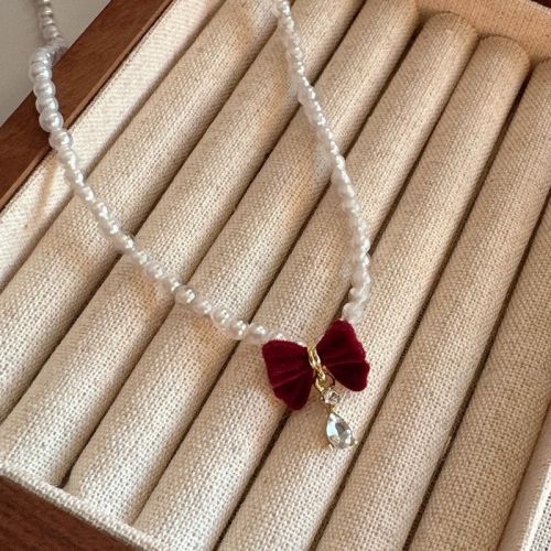 Pearl Bow Choker Necklace, Holiday Choker, Red Bow Velvet Choker | E1688