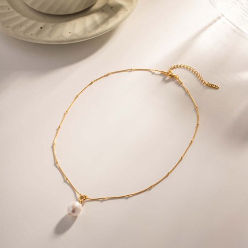 18K Gold Plated Stainless Steel Pearl Necklace | JDN489