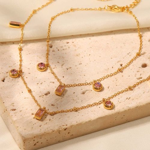 18K Gold Plated Baguette Charm Necklace, Pink Bracelet | JDN434