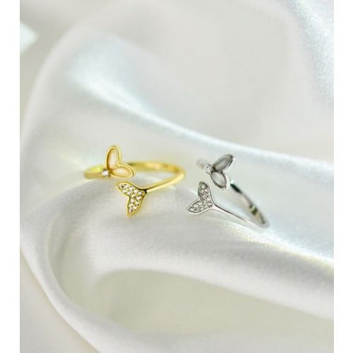 White Gold Whale Tail Split Ring, Mermaid Tail Gold Ring, Cute Fairy Ring | DQ8495