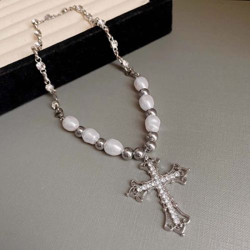 Chunky Cross Necklace Silver Pearl Necklace Punk | HN2479